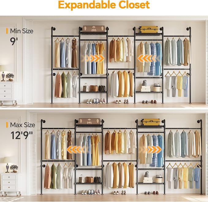 Higeego W5 Industrial Clothes Rack, Clothing Rack for Hanging Clothes, Heavy Duty Wall Mounted Closet System Black Expandable Garment Racks, Sturdy Steel Pipe Wardrobe Closet, 1300LBS Load 9' to 12'9"