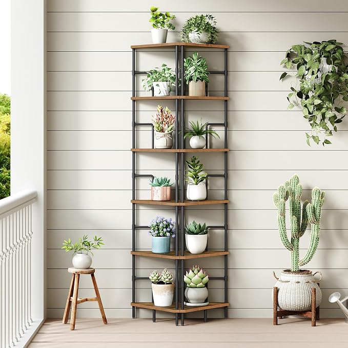 MAHANCRIS 6-Tier Corner Shelf, 65" Tall Corner Bookshelf with Metal Frame, Narrow Display Shelf Stand, Industrial Corner Bookcase for Living Room, Bedroom, Home Office, Rustic Brown CSHR6601