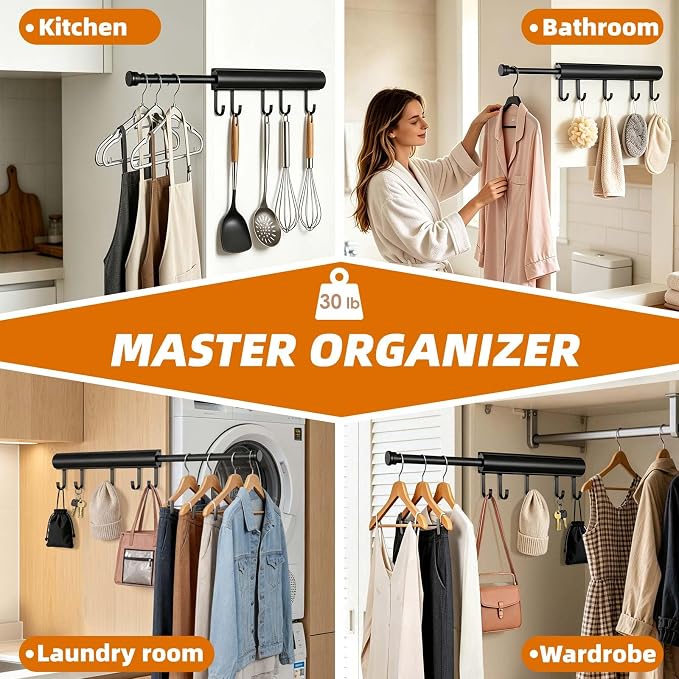 12 Inch Valet Rod for Closet Pull Out Heavy Duty Retractable Slide Out Closet Rod with 5 Hooks Space Saving Telescoping Clothes Hanger for Suits Laundry Room Wardrobe Black 1 Pack