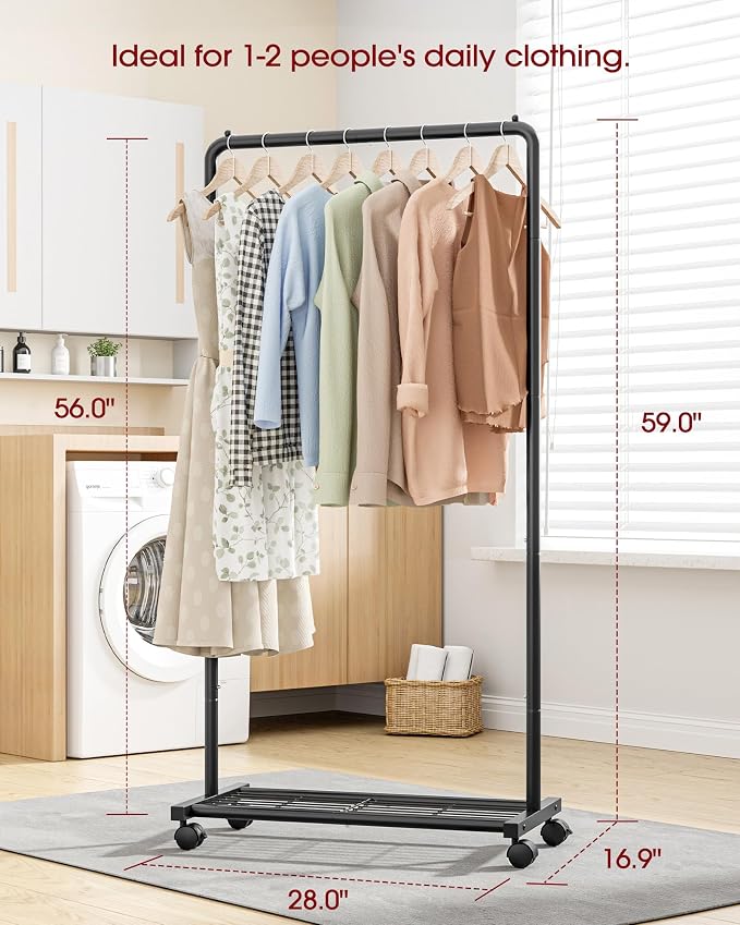 Sakugi Clothes Rack - Clothing Rack with Storage Mesh Shelf & Casters, Heavy-Duty Metal Clothing Rack for Hanging Clothes, Dresses, Coats, Large Load Capacity, Easy Assembly, Black, 28.0"x16.9"x59.0"