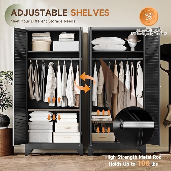 Letaya Armoire Wardrobe Closet,20" Deep Metal Wardrobe Cabinet with Doors and Shelves,Hanging Rod Clothing Storage Cabinets for Home RoomBlack