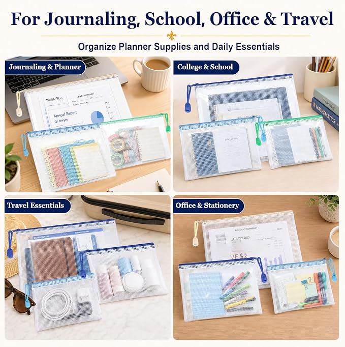 12 Pack PVC Mesh Zipper Pouches with 1 Organizer Bag 13pcs Total 3 Sizes A4 A5 B6 Translucent File Bags for Journaling Planner School Office Classroom and Travel Supplies (13pcs)