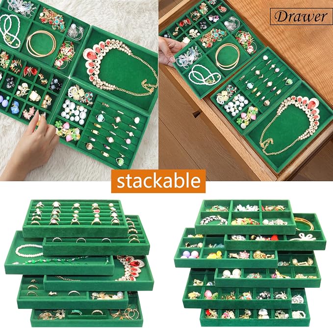Velvet Jewelry Tray 12 Set Stackable Jewelry Organizer Trays for Drawers Rings Earrings Necklaces Bracelet Watch Display Case