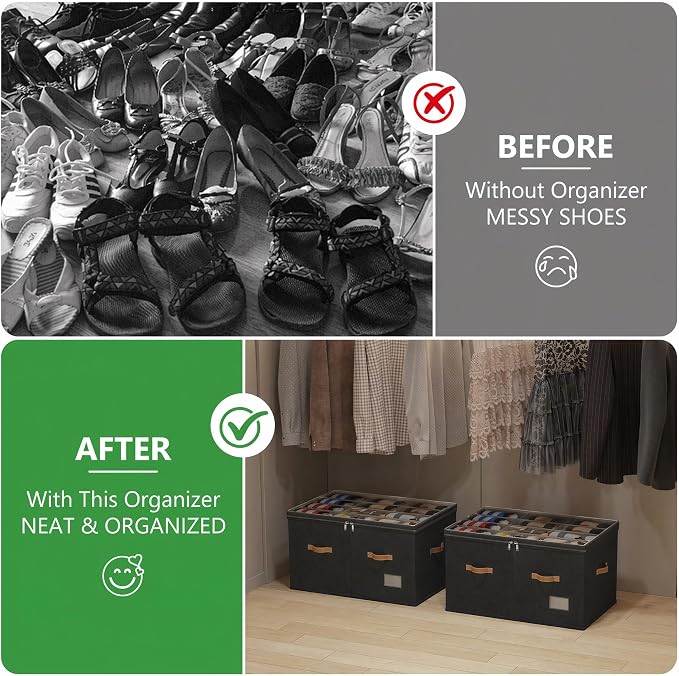 Shoe Organizer for Closet, 2 Pack Shoe Storage Bins Foldable Shoe Storage Box Containers with Clear Cover and Sturdy Handles, Shoe Rack for Closet Storage for Sneakers Heels Slippers, Fit 12-24 Pairs
