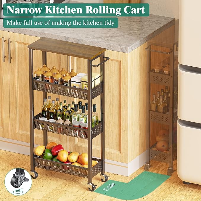 Giwil Slim Rolling Storage Cart 4 Tier Bathroom Organizer Mobile Shelving Unit Utility Cart with Wood Top and Handle for Kitchen Laundry Narrow Places, Black