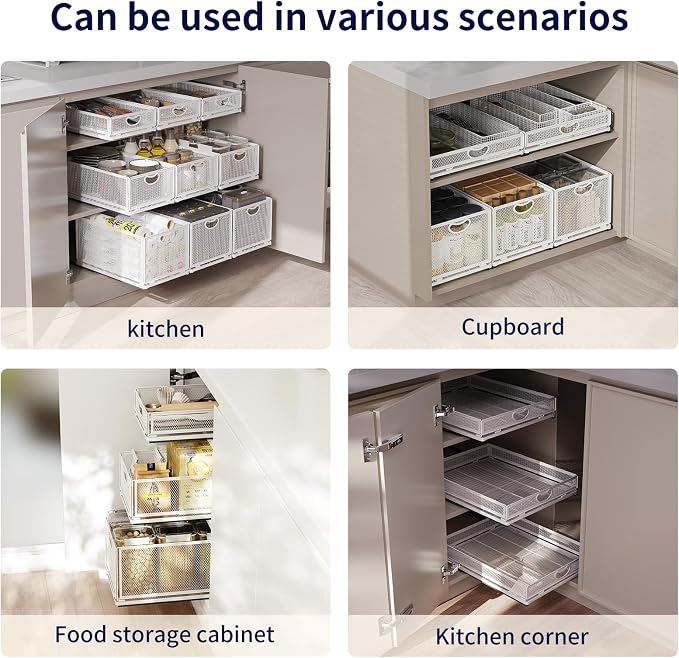 Pull Out Cabinet Organizer, No Drill Adhesive Sliding Drawers for Kitchen, Metal Mesh Wire Storage Shelf for Pantry & Under Sink, White (9.6" W x 15.7" D x 3.9" H)