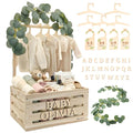 Wooden Baby Shower Crate Closet & Basket with Hanger Rack - Customizable Gift Basket with 2X Alphabet Letter Sets, Eucalyptus, 5 Hangers, Dividers, Nursery Decor Girls Boys (Natural Wood)