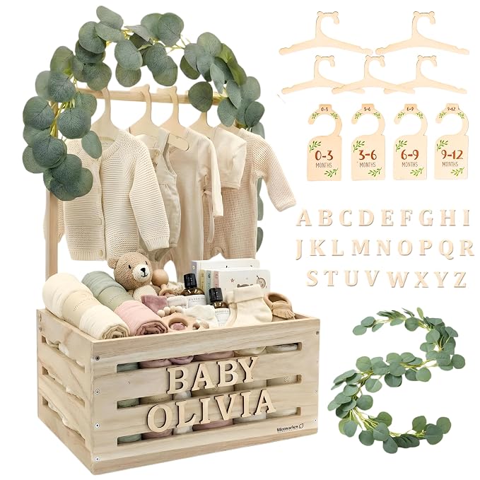 Wooden Baby Shower Crate Closet & Basket with Hanger Rack - Customizable Gift Basket with 2X Alphabet Letter Sets, Eucalyptus, 5 Hangers, Dividers, Nursery Decor Girls Boys (Natural Wood)