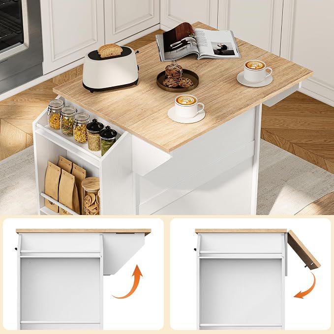 HOOBRO Kitchen Island with Drop Leaf, Rolling Kitchen Island Cart on Wheels | Kitchen Island on Wheels with Drawer & Spice Rack, Island Table with Adjustable Shelves, Kitchen Storage Cart wtih Towel Rack