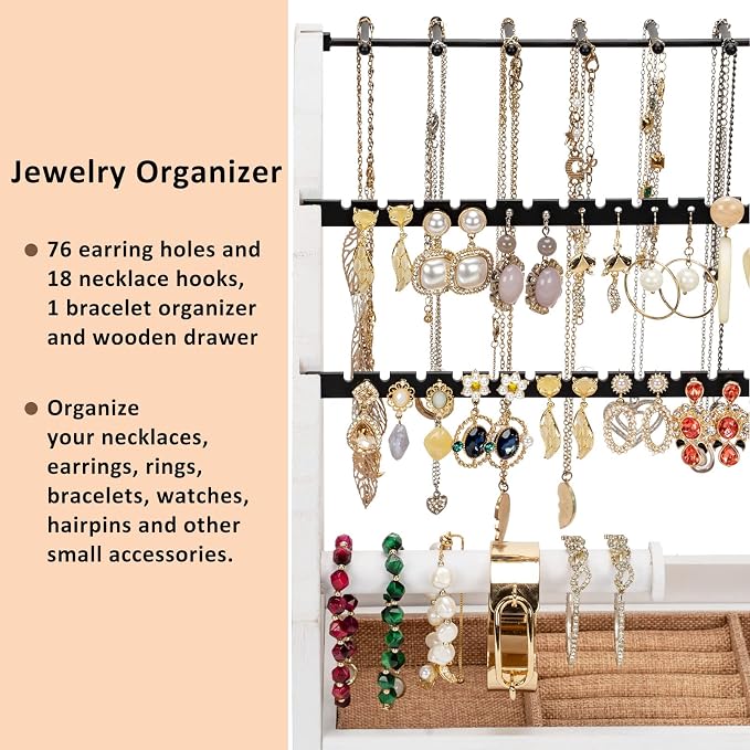 DGWJSU Earring Organizer, 5 Layer Earring Holder Organizer with Necklace Holder, Rustic Wood Jewelry Organizer Stand Display for Stud Earring Bracelet Necklace Ring, Watches