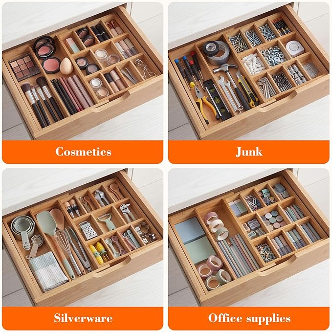 Bamboo Sliding Desk Drawer Organizer 8.6'' up to 17'' x 12'' x 2.2'' Expandable Office Desk Accessories Supplies Tray with 11 Compartments for Pens, Notebooks, Rulers, and Makeup Jewelry Vanity