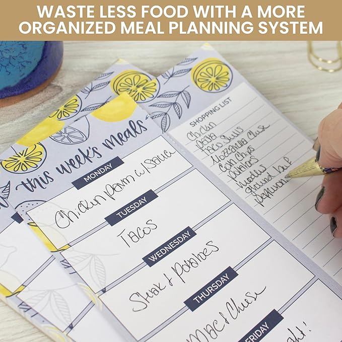 bloom daily planners Weekly Magnetic Meal Planning Pad for Fridge with Tear-Off Grocery Shopping List - Hanging Food/Menu Organizer Notepad with Magnets - 6” x 9" - Lemons