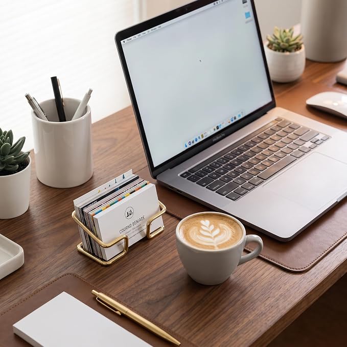 Business Card Holder for Desk, Metal Name Card Display Stand | Shiny Plated Metal Desk Organizer for Office, Front Desk, Stationery Shop