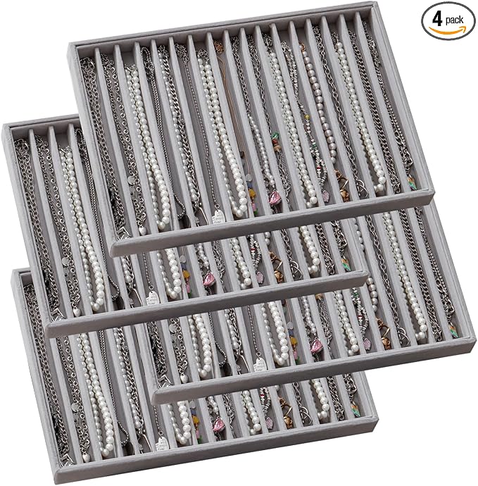 Large Stackable Jewelry Tray 4 Pack Velvet Jewelry Display Drawer Inserts Trays Organizer for Earring Bracelet Necklace Ring (Gray, 17 Grids)