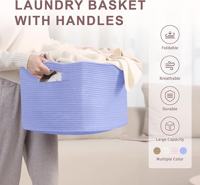 45L Small Woven Laundry Basket Hamper with Handles, Blue Purple | 18"x14"x11", collapsible wicker hamper, storage for dirty clothes, toys, blankets, gifts, living room, bedroom, bathroom