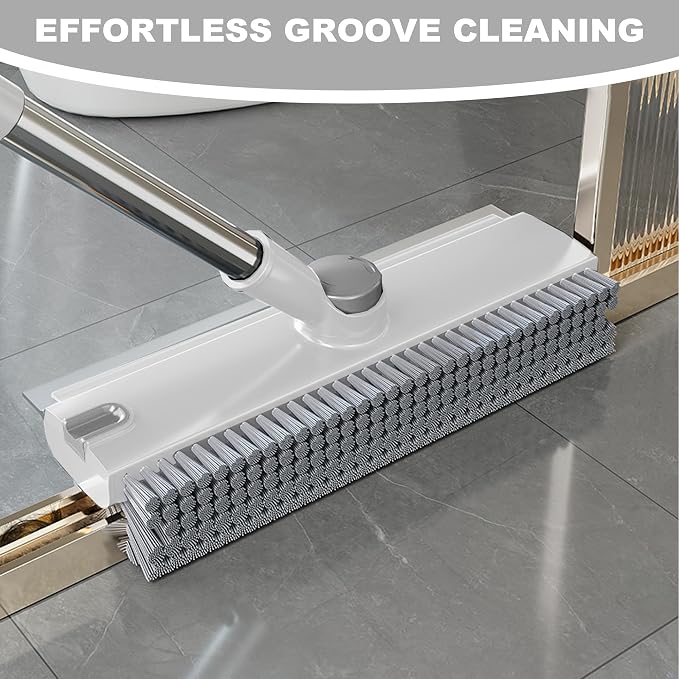 360° Rotatable Floor Scrub Brush - 55 Inch Adjustable Long Handle 2in1 Scrub Squeegee Hidden Hair Catcher V-Type Gap Cleaner for Bathroom Kitchen Patio (White)