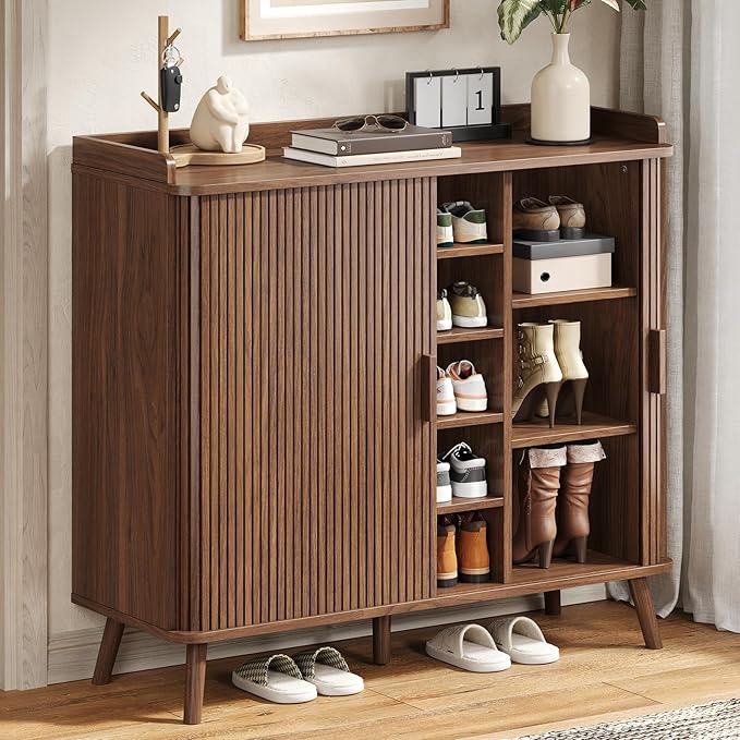 Shoe Cabinet with Sliding Door, 5-Tier Hidden Shoe Rack with Adjustable Shelves, Wooden Shoe Storage Organizer with Open Bottom Space, Freestanding Shoe Shelf for Entryway Hallway Apartment, (Walnut)