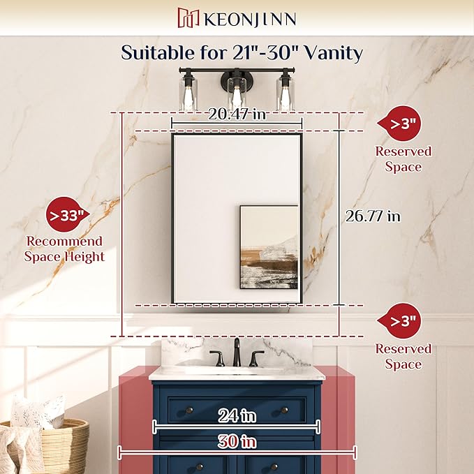 Keonjinn 21" x 27" Medicine Cabinet for Bathroom, Silver Recessed or Surface Wall-Mounted Aluminum Alloy Framed Beveled Mirror with Storage, Mirrored Cabinets with 2 Adjustable Shelves for Bath Modern
