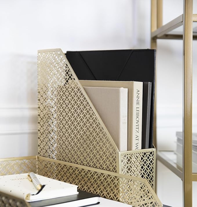 BLU MONACO | Gold Metal Magazine File Holder | Decorative Vertical File Organizer & Book Holder for Desk, Shelves & Office | Stylish Paper Organizer & Workspace Storage