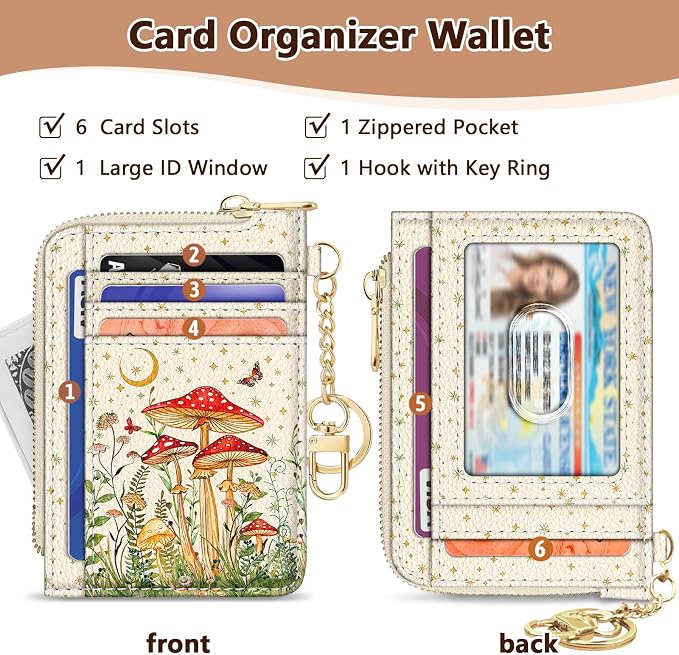 GIANCOMICS Slim Wallet Credit Card Holder Women, White Rfid Blocking Small Card Case, Keychain Thin Pocket Curved Zipper Wallet, Mushroom Travel Card Holder PU Leather ID Window, Ladies Female Gifts