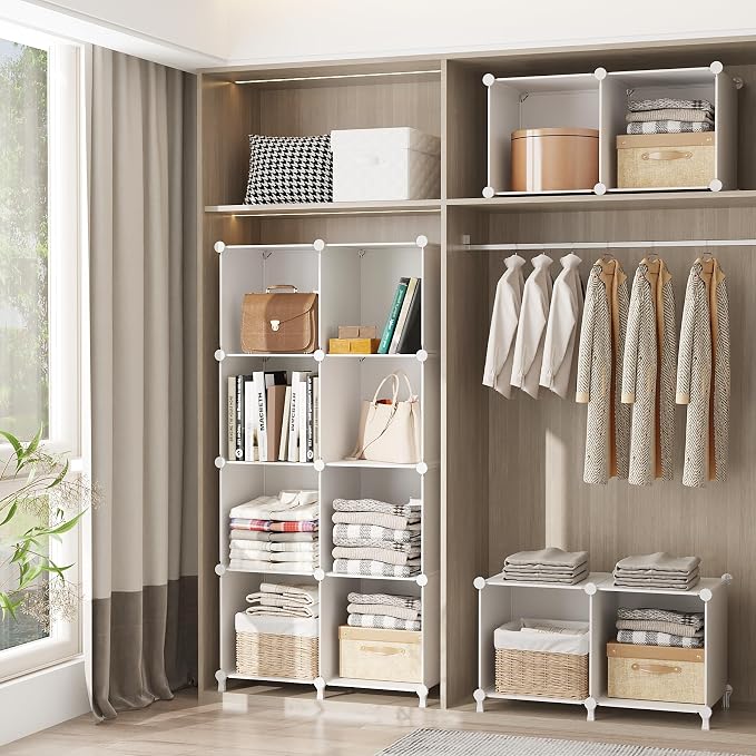 AWTATOS Cube Storage Organizer, 16 Cube Closet Organizer, White | Stackable Storage Cube Shelves, DIY Portable Closet Clothes Organizer, Plastic Shelving for Bedroom, Wardrobe, Bathroom