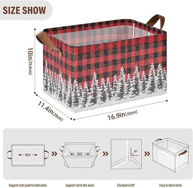 Xmas Tree Red and Black Buffalo Plaid Storage Basket Foldable Cube Storage Bins with Handles&Label Waterproof Organizer Box Bin Large Rectangle Decorative Baskets for Shelves Home Room Laundry