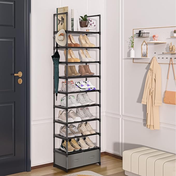 OYREL Tall Shoe Rack Narrow 10 Tier Shoes Rack 20 25 Pairs + 2 Boxes 1 Hook | Shoe Storage Organizer for Closet, Entryway, Living Room,Sturdy Metal Shoe Shelf Shoe Stand Closet Organizers and Storage