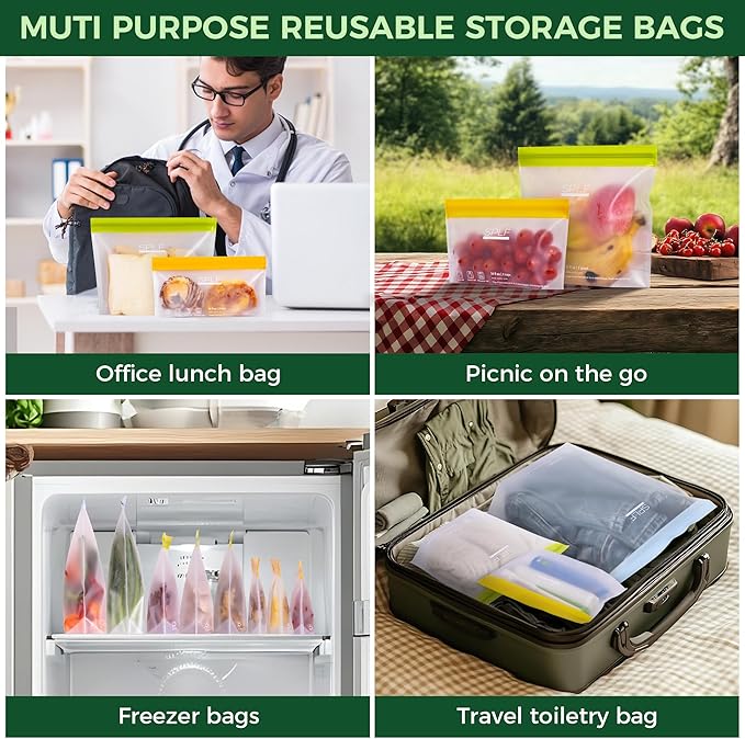 SPLF 10 Pack Stand-Up Reusable Food Storage Bags Dishwasher Safe, BPA Free Reusable Freezer Bags, Extra Thick Leakproof for Meal Prep, Sandwich, Bread, Veggies - 3 Gallon 4 Quart 3 Snack