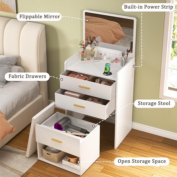 HUAHUU 3 in 1 Vanity Desk with Flip-up Mirror, Compact Vanity with 2 Fabric Drawers & Storage Cushioned Chair, Charging Station, Girls Small Vanity Nightstand for Bedroom, White