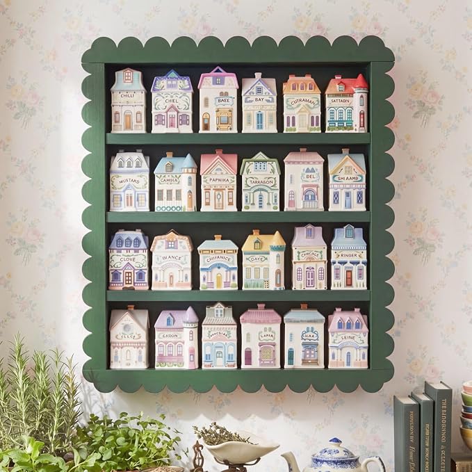 Chunful Spice Jar Wooden Rack Dark Green Scalloped Spice Shelf for 24 Jars, Village Style Wall Mounting Kitchen Storage Decorative Hanging Display Rack, Shelf Only