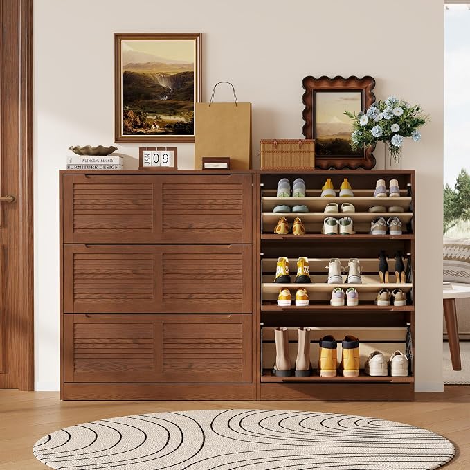 WoodsWhisper Solid Wood Shoe Cabinet for Entryway with 3 Flip Drawers, Narrow Shoe Organizer with Breathable Slatted Doors, Freestanding Hidden Shoe Rack for Hallway (Walnut, 32" W)