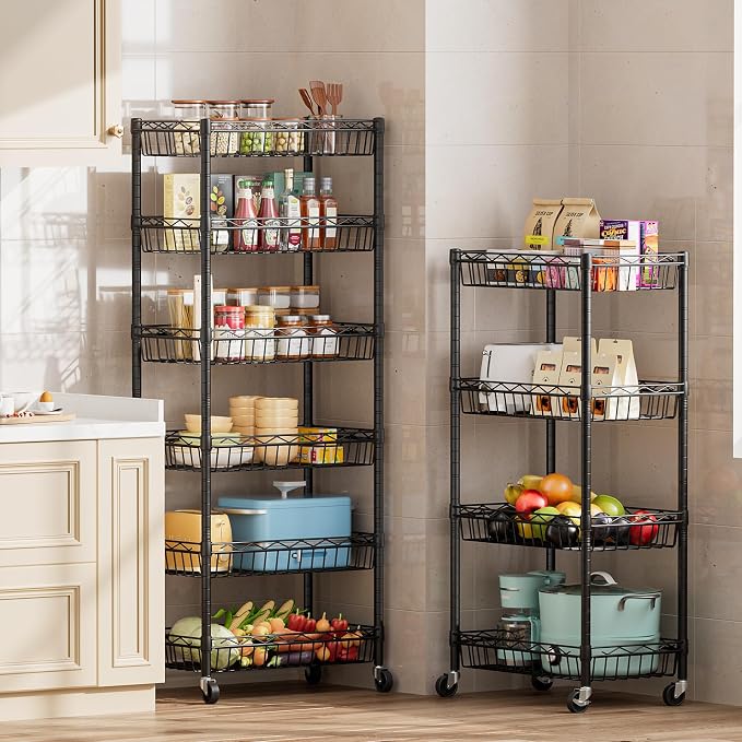 SINGAYE 6 Tier Shelf Wire Shelving Adjustable Storage Shelves Basket Rack | Adjustable Shelves with Wheels Metal Storage Unit Closet Bathroom Organizers Pantry Kitchen Garage Laundry Room Black