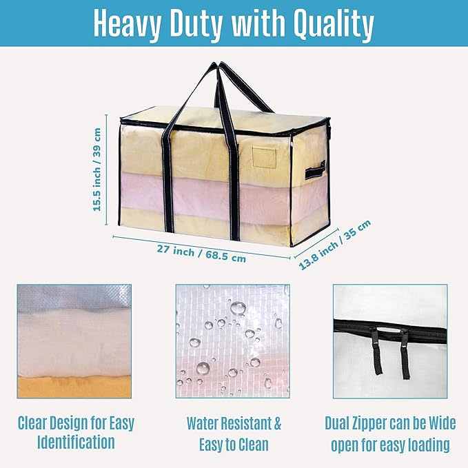 VENO 4 Pack Clear Moving Bags, 90L Extra Large Transparent Storage Totes, Heavy Duty 50lbs Load, Reinforced Handles, Zippers & Tag, See-Through Packing Boxes for Organizing Closet, Bedding, Clothes