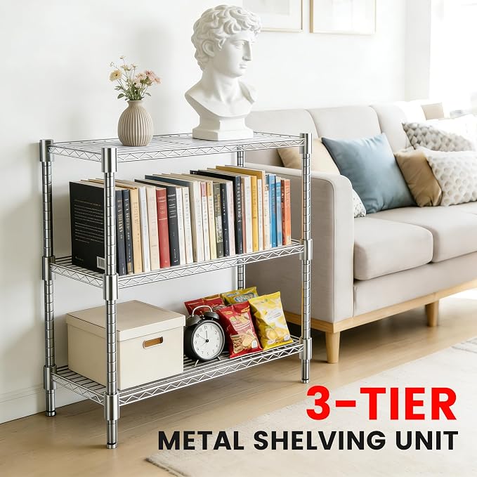 Xcity Storage Shelves, 3 Tier Heavy Duty Metal Shelving Unit, 1200 LBS Adjustable Steel Wire Shelf for Commercial, Pantry, Kitchen, Garage, 14" D x 36" W x 36" H, Chrome