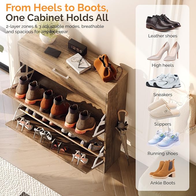 VINGLI Grey Shoe Cabinet for Entryway, Slim Shoe Rack Storage with 3 Flip Drawers, Rustic Washed Grey Wood Finish, Narrow Hidden Shoe Organizer for Hallway, 9.5" Depth, Greige