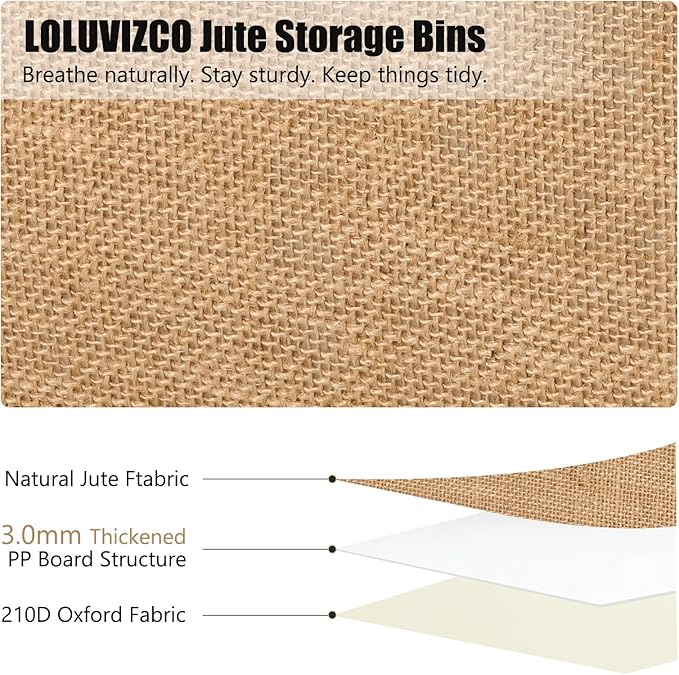2PCS Storage Bins Box with Zippered Lid Decorative Fabric Basket | Natural Jute, Foldable Washable Stackable Lidded Container, Shelf Closet Organizer, w/ PU Leather Handles & PP Boards, Small