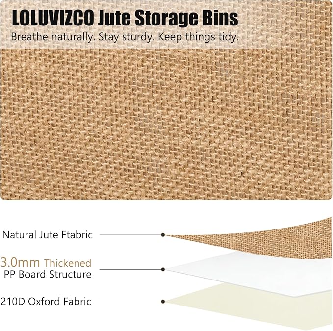 2PCS Storage Bins Box with Lids Decorative Natural Jute Baskets | Foldable Washable Stackable Lidded Clothing Container, Shelf Closet Organizer, w/ PU Leather Handles & PP Boards, Large