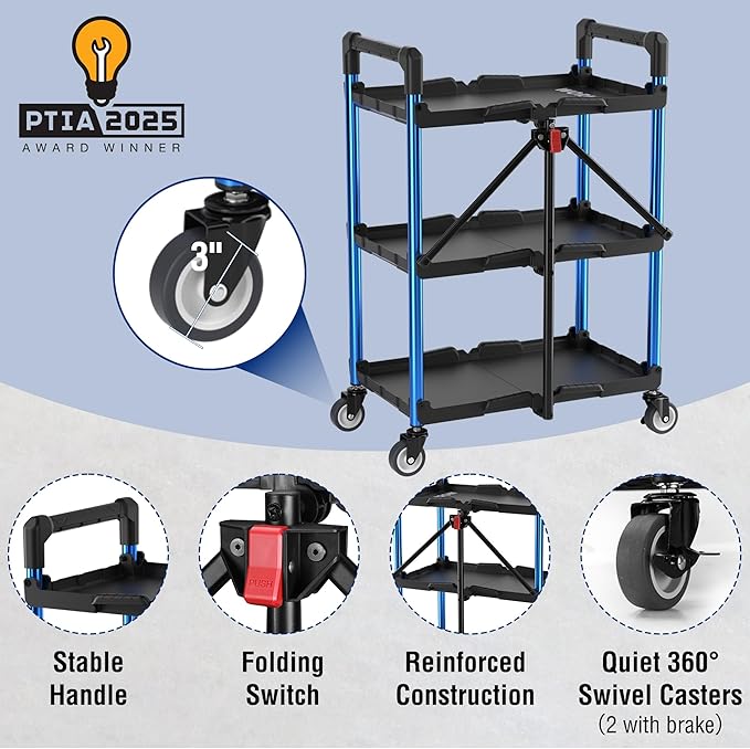 WORKPRO 3-Tier Collapsible Service Cart, Black/Blue, 210 LBS Foldable Utility Cart with Wheels, Portable Rolling Tool Cart for Garage, Warehouse, Home, Restaurant and Office (No Assembly Required)