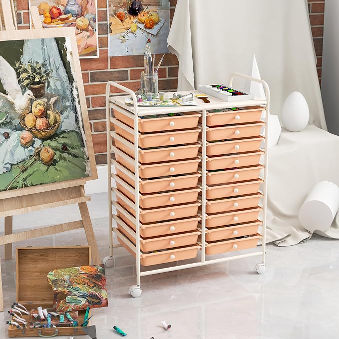 DREAMADE Rolling Cart with Storage Drawers, Utility Cart w/Removable Plastic Drawers, Lockable Wheels, Art Cart for Classroom Organization Art Supplies Office Scrapbook (20 Drawers, Peach)