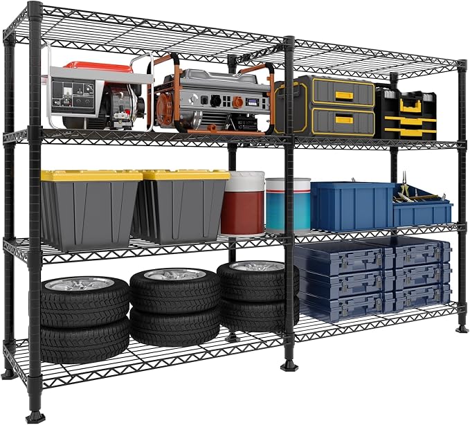 Garvee Metal Storage Shelves 4-Tiers, Standing Garage Shelving Unit 59"W x 13.8"D x 59.5"H, Heavy Duty Wire Shelving Rack Load 1060LBS, Adjustable Storage Shelf for Home Kitchen Pantry Basement(Black)