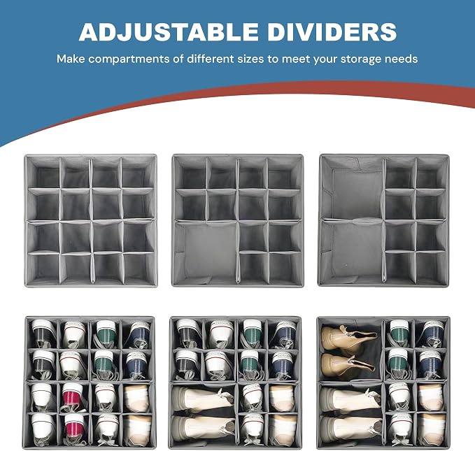 Shoe Organizer for Closet, 16 Compartment Foldable Storage Box with Lids | Milentii 2-Pack Foldable Shoe Organizer with Box Bin, Adjustable Dividers & Clear Cover Closet Storage Fit 16-32 Pairs, Grey