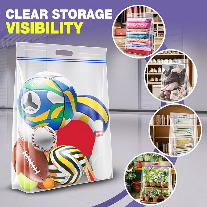 25 Gallon Jumbo Storage Bags, 35" x 24" Clear Plastic Zipper Bags with Handles, Extra Heavy Duty Large XL for Travel, Moving, Clothing, 12 Packs