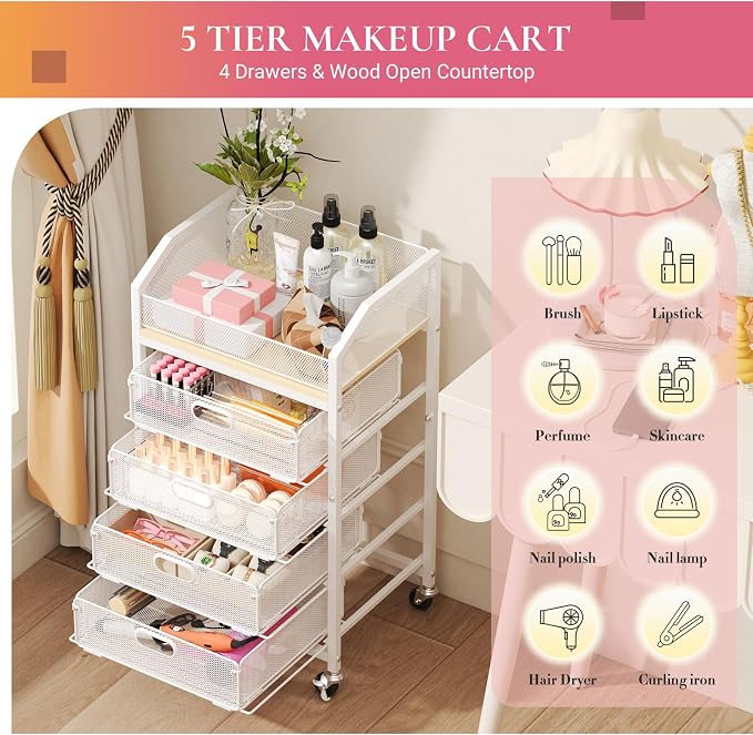 Goovilla Rolling Makeup Organizer Cart with Drawers, 5 Tier Metal Floor Skincare Vanity Organizers with Lockable Wheels, Make Up Storage Cart for Cosmetics Display, Nail Polish, Perfume, White