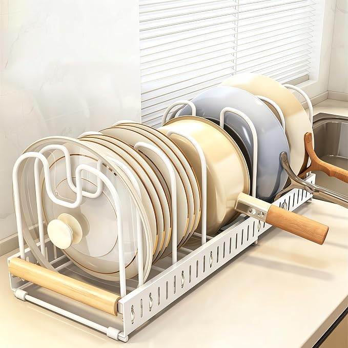 Pots and Pans Organizer Rack for under Cabinet, Expandable 12.2''-22.64'' Pot Lid Kitchen Cabinet Organizer Holder with 7 Adjustable Compartment Cutting Board Organizer for Pan Lid, Bakeware