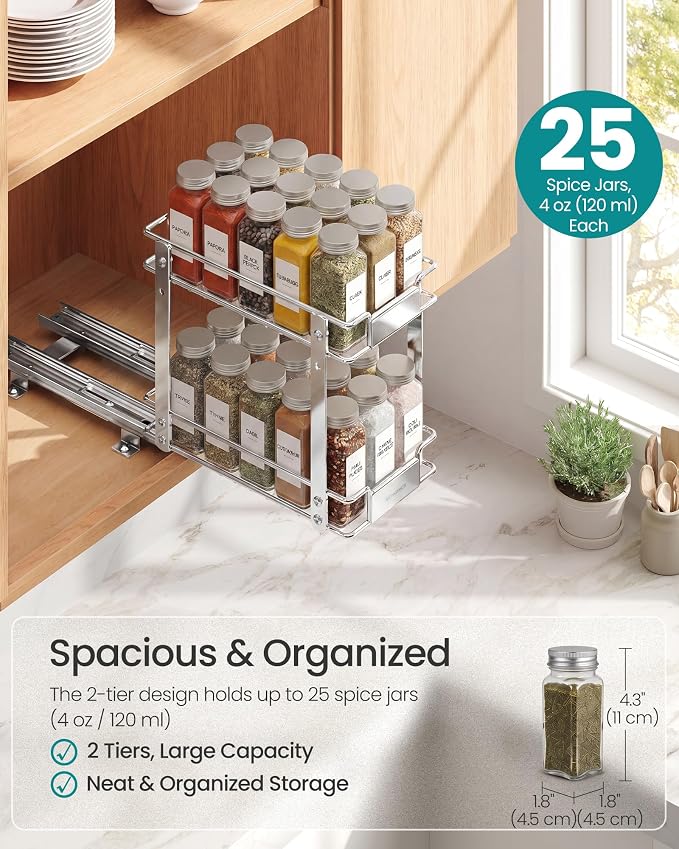 SONGMICS 2 Tier Pull Out Spice Rack for inside Cabinets, Steel | Spice Organizer, Slide Out Cabinet Organizer, for Kitchen Cabinet Storage, Silver UKCS117E101