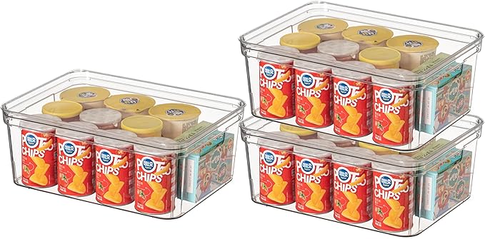Basicwise Set of 3 Medium Clear Storage Containers with Lid For Kitchen Pantry Cabinet & Fridge Storage For Organizing Snack Produce Supplies Or Essentials Durable Bin For Home Apartment Or Office Use