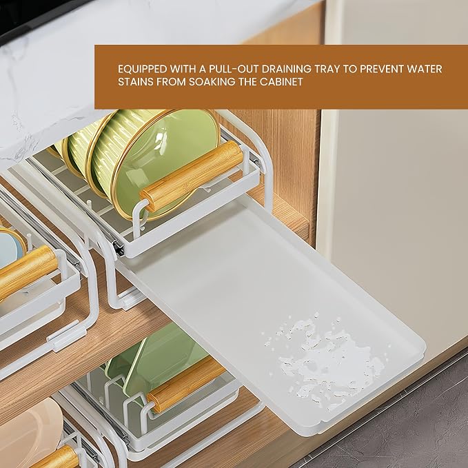 Pull-Out Double/Single Tier Dish Rack for Cupboard, Slide Out Dish Drying Rack for Kitchen Cabinets, Pull Out Drawer for Kitchen Under Sink Organizer (Single Tier Plate Rack)