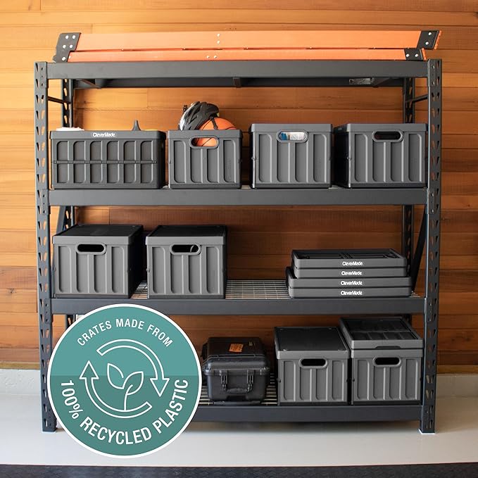 CleverMade Collapsible Storage Bins with Lids (46L, 3 Pack) – Stackable Foldable Plastic Storage Crates for Home, Closet & Trunk Organization - Stone