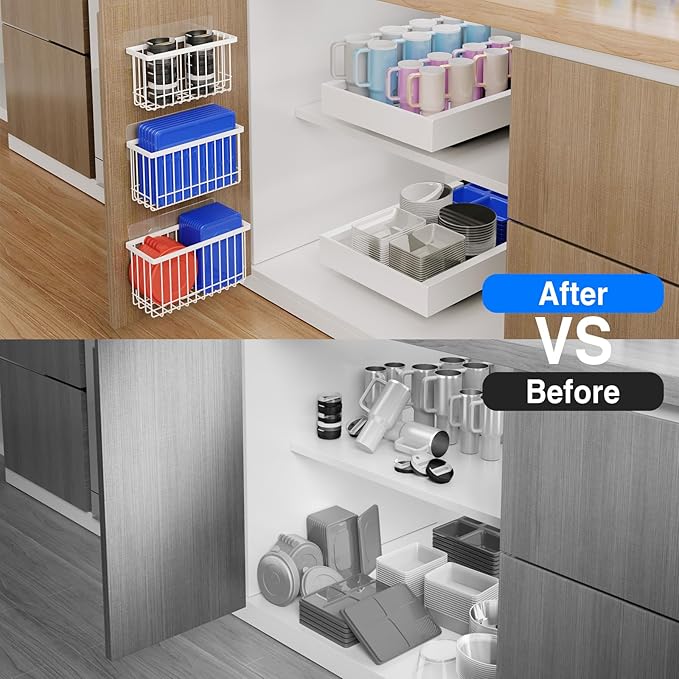 MUSTORN 3 Pack Adhesive Cabinet Door Organizer, Lid Organizers Inside Cabinet Food Container/Tumbler Lid Organizer and Storage Cup Lids Holder for Kitchen & Bathroom Wall Mounted(White)