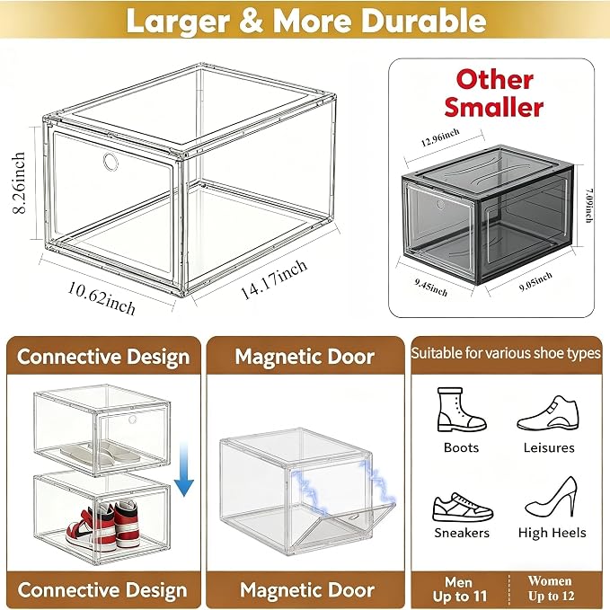 9-Ply Thick Clear Shoe Boxes 9 Pack, Heavy Duty Stackable Shoe Storage Bins with Magnetic Door, Foldable Plastic Shoe Containers for Sneaker Closet Organization